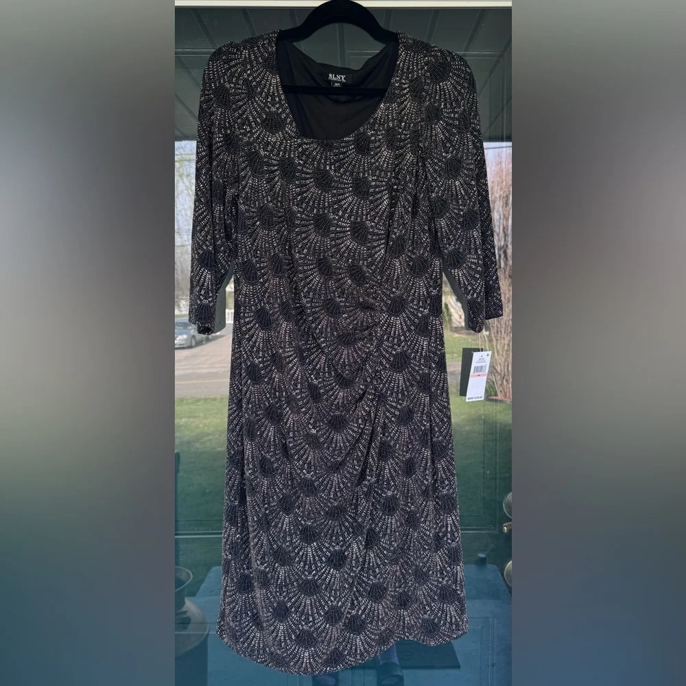 SLNY Printed Metallic Sequin Sheath Cocktail Evening Wear Dress Size 14
